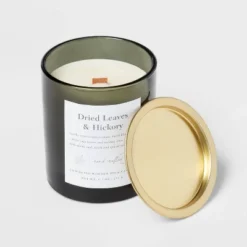 Clear Colored Glass With Woodwick And Brass Metal Inset Lid Dried Leaves + Hickory Candle Green - Threshold™ -Threshold Living Deals GUEST 05b6d262 797f 4785 845b ae77677bb543