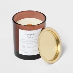 Clear Colored Glass With Woodwick And Brass Metal Inset Lid Pumpkin Spice - Threshold™ -Threshold Living Deals GUEST 0f1ab2d8 1770 4918 b056 6328d597fa18