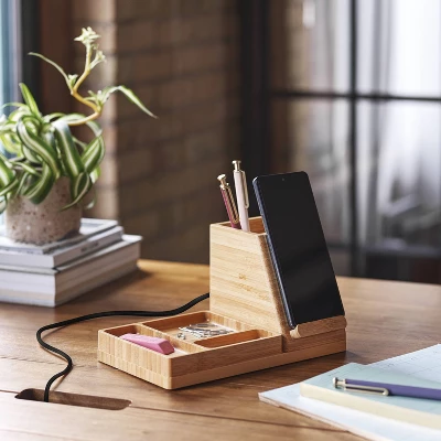 Functional Desk Storage Wireless Charger Medium Brown - Threshold™ 1 Functional Desk Storage Wireless Charger Medium Brown - Threshold™