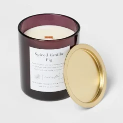 Clear Colored Glass With Woodwick And Brass Metal Inset Lid Spice Vanilla Fig Candle Purple - Threshold™ -Threshold Living Deals GUEST 851e53a4 1b0e 449b 92ac ac1f0d30a37e