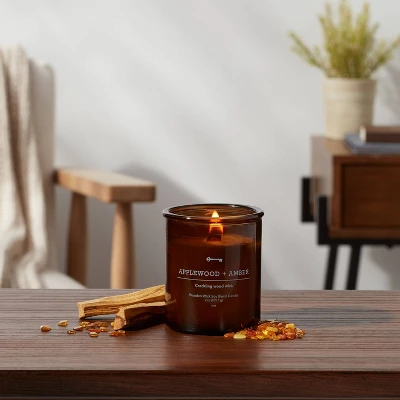 9oz Lidded Glass Jar Crackling Wooden Wick Candle Applewood And Amber - Threshold™ 1 9oz Lidded Glass Jar Crackling Wooden Wick Candle Applewood And Amber - Threshold™