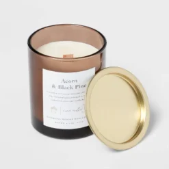 Clear Colored Glass With Woodwick And Brass Metal Inset Lid Acorn + Black Pine Candle Brown - Threshold™ -Threshold Living Deals GUEST e82cdb94 c293 4984 b5b6 1ca170680739