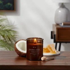 Threshold Living Deals 3 9oz Lidded Glass Jar Crackling Wooden Wick Candle Coconut And Honey - Threshold™